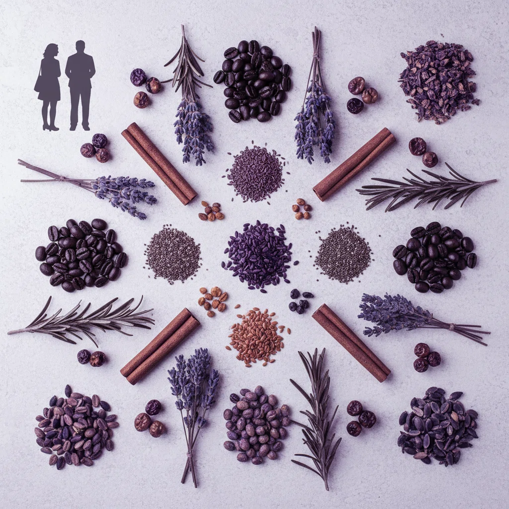 Flat lay of natural botanical ingredients: green coffee beans, dried herbs, seeds, berries and cinnamon on a light stone surface